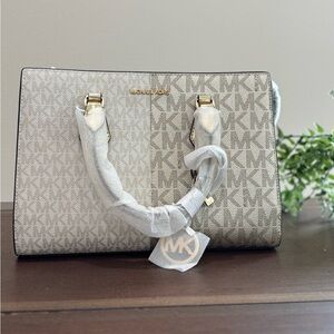 Michael Kors Beige/Acorn Signature Satchel with Gold Hardware